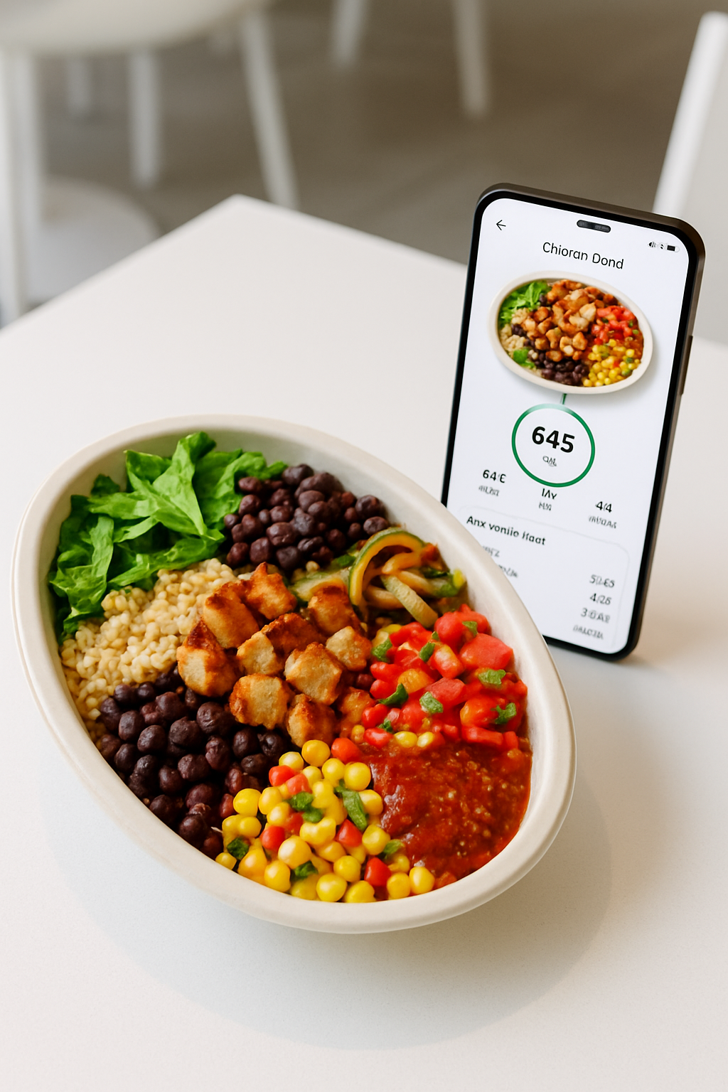 A healthy Chipotle bowl being scanned by the SnapEat AI nutrition tracker app on a smartphone, showing the BOGO deal.