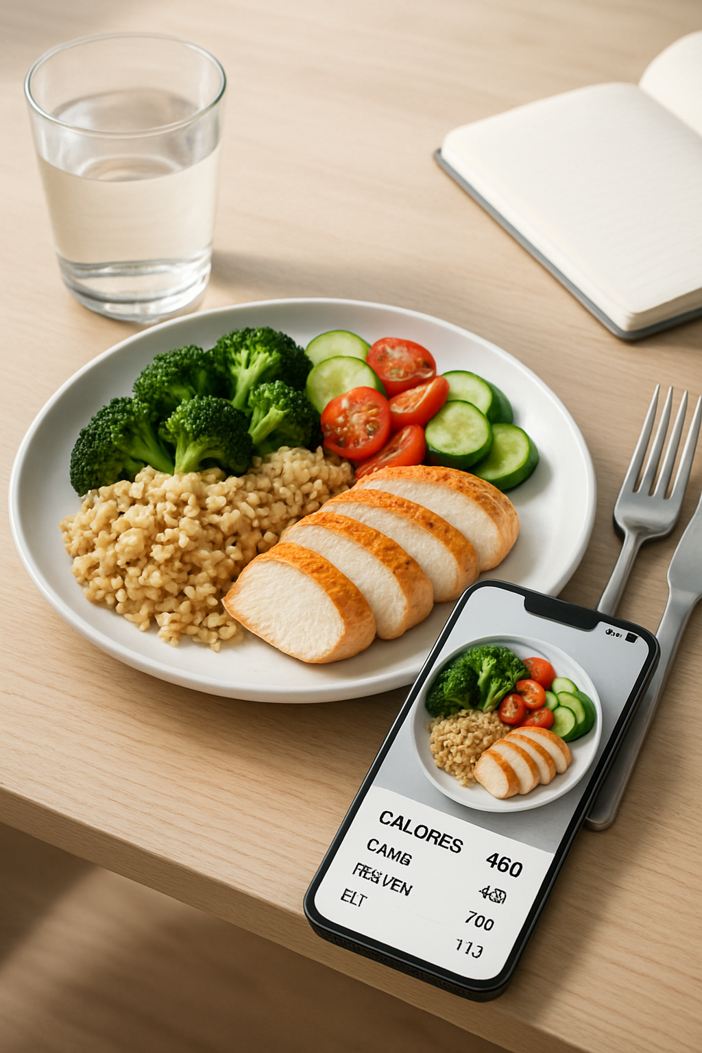 A smartphone displaying the SnapEat AI app interface for smart food tracking by taking a photo of a meal.