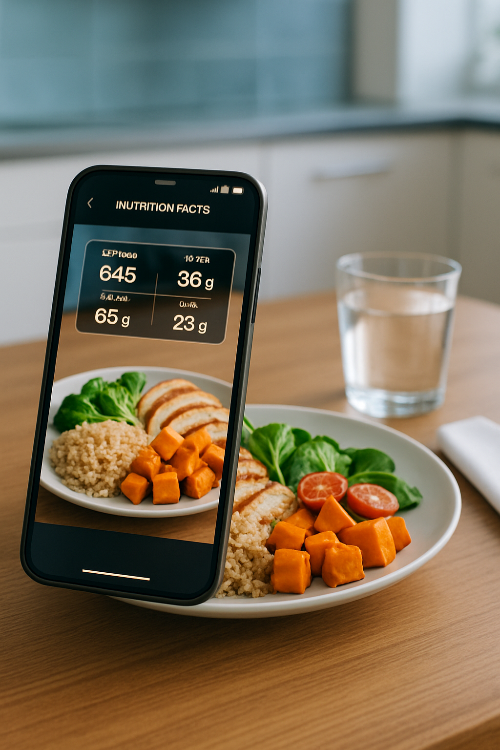A smartphone displaying the SnapEat AI app analyzing a healthy meal of salmon and vegetables, illustrating its role as an AI nutrition coach.