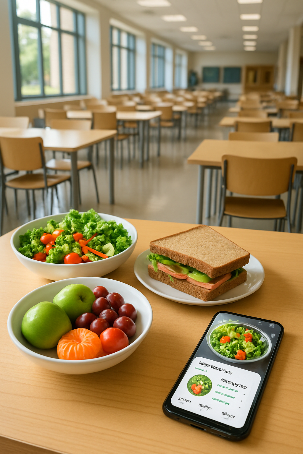 A college student on campus using the SnapEat AI nutrition tracking app on their phone to promote student safety and health.