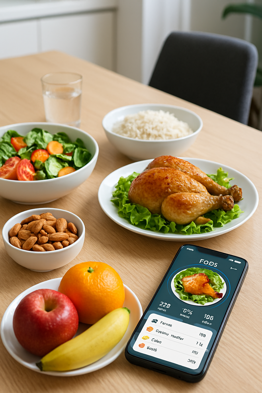 A smartphone running the SnapEat smart AI food tracker app, analyzing a photo of a healthy meal.