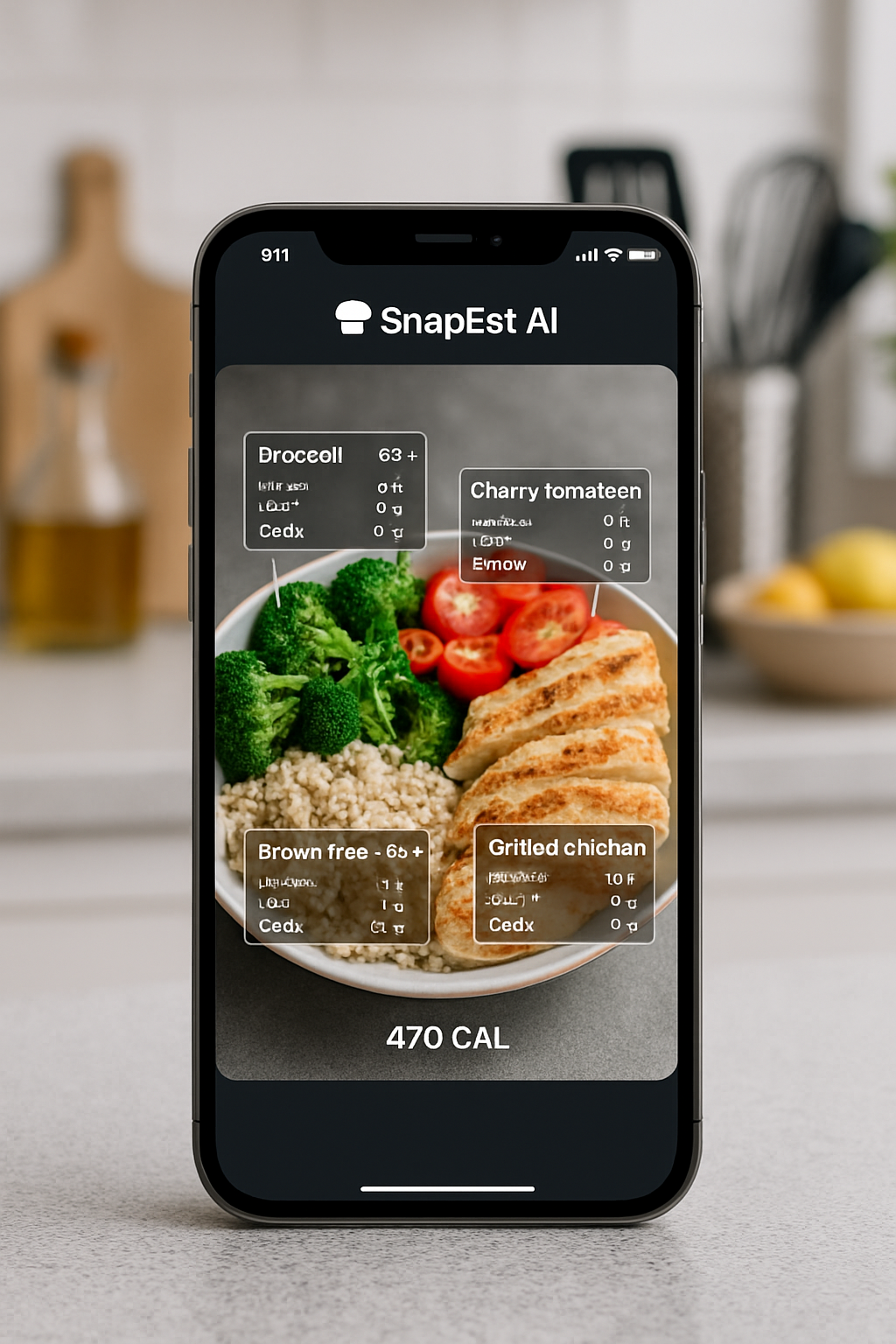 Smartphone showing the SnapEat AI nutrition app interface analyzing a photo of a healthy meal.