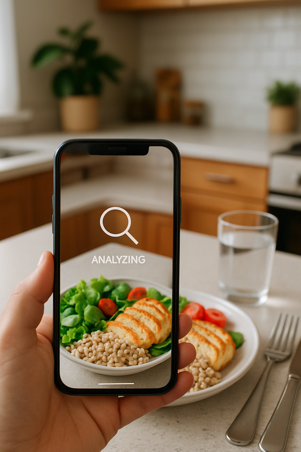 A smartphone using the SnapEat AI app to perform nutrition tracking on a photo of a healthy meal with salmon and vegetables.