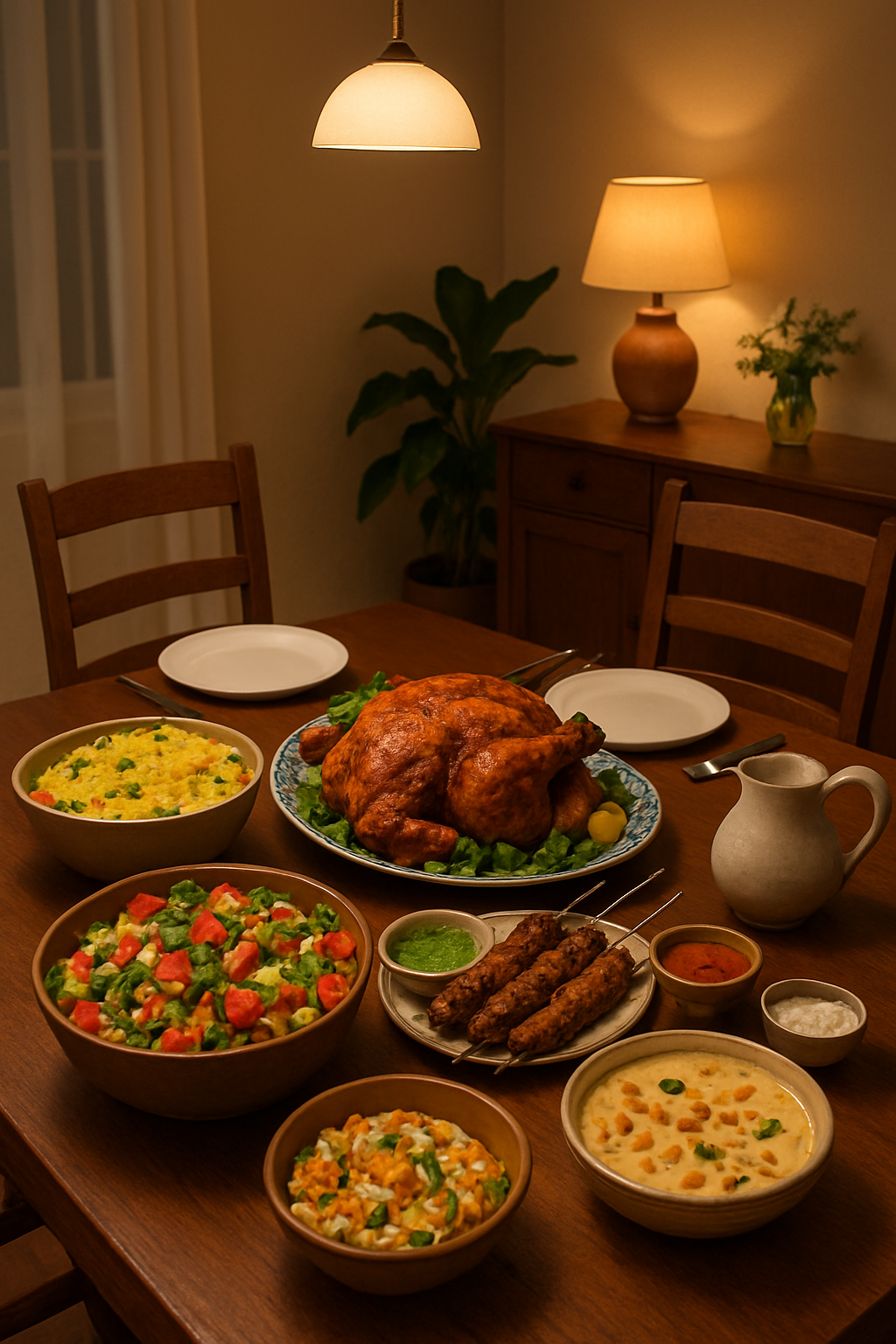 A balanced plate of healthy Eid food including kebabs and salad, with the SnapEat AI logo demonstrating smart food tracking.