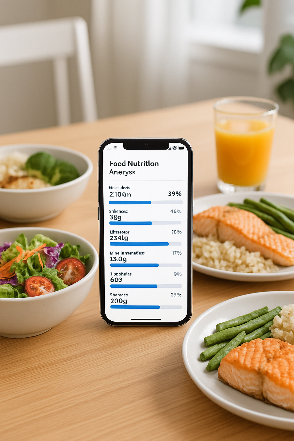 A smartphone running the SnapEat AI food recognition app, analyzing a healthy meal on a plate to calculate calories and macros.