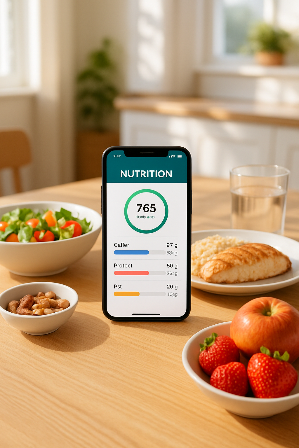 A smartphone screen showing the SnapEat AI app interface, a smart calorie counter that has analyzed a plate of salmon and vegetables.