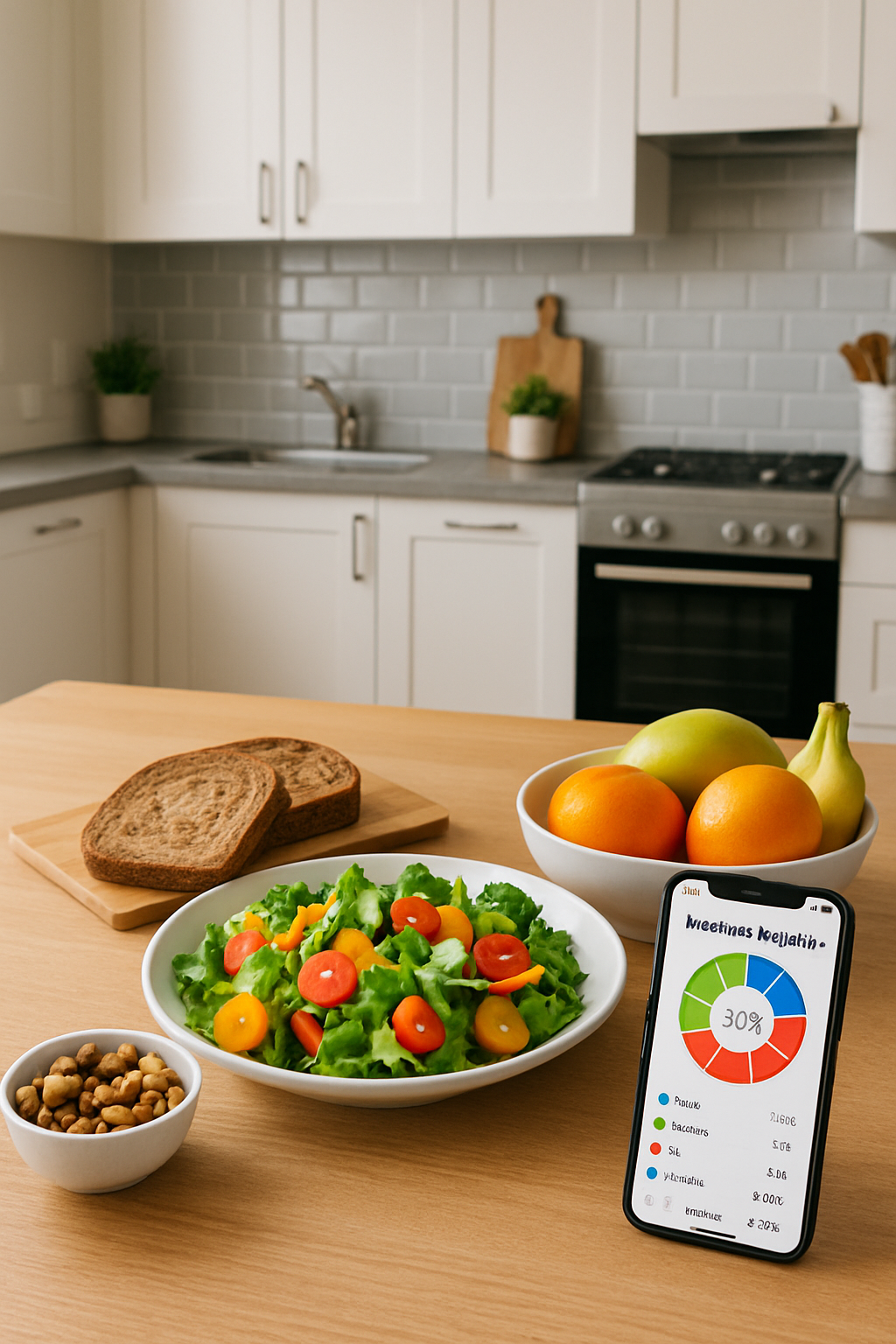 A smartphone displaying the SnapEat AI nutrition coach app interface analyzing a photo of a healthy meal.