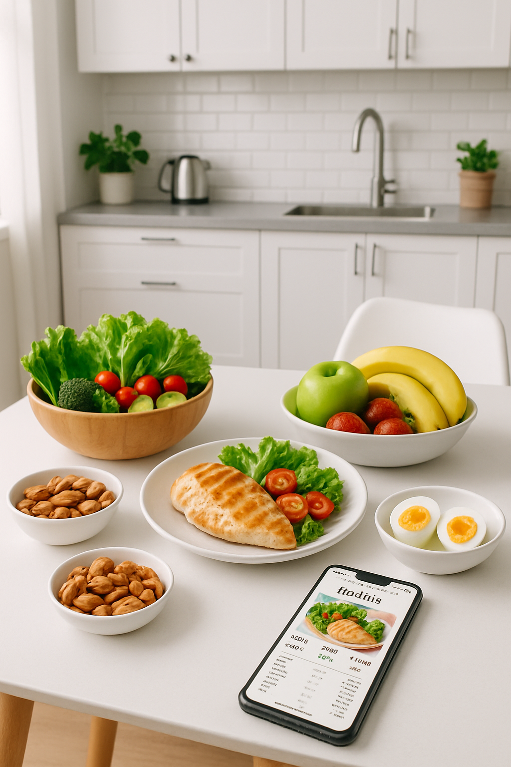 A healthy meal of salmon and vegetables being analyzed by the SnapEat AI nutrition tracker app on a smartphone.