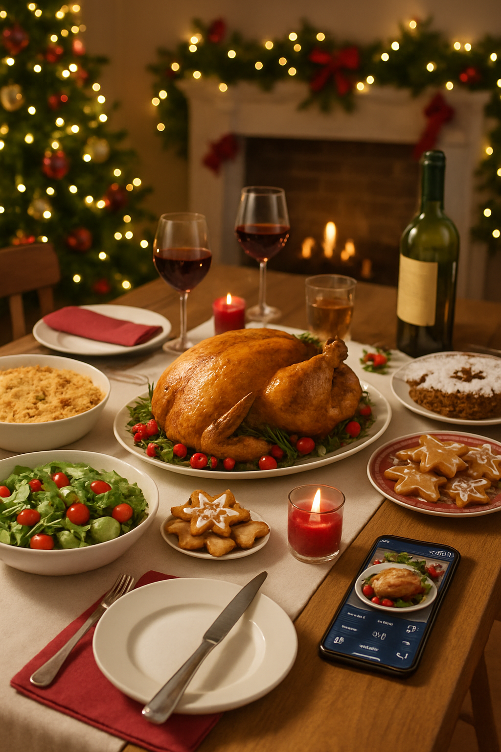 A person using the SnapEat AI smart food tracker on their phone to log a plate of festive Christmas food.