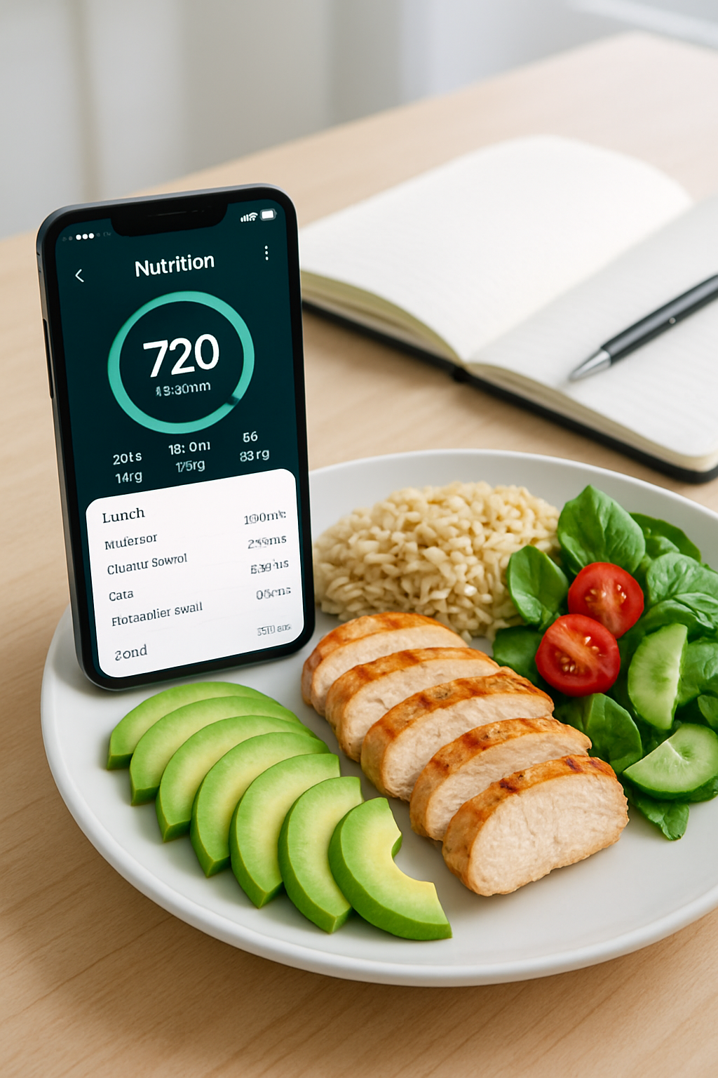 Smartphone displaying the SnapEat AI smart calorie counter app in front of a healthy meal, illustrating Inter Miami's performance nutrition strategy.