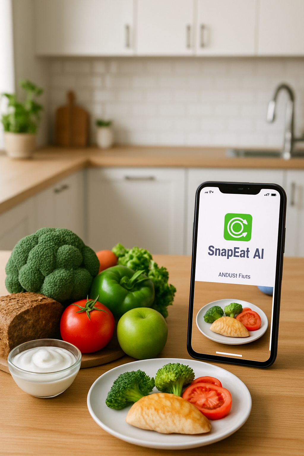 A smartphone screen showing the SnapEat AI nutrition app analyzing a photo of a healthy salad, demonstrating how to achieve health goals.