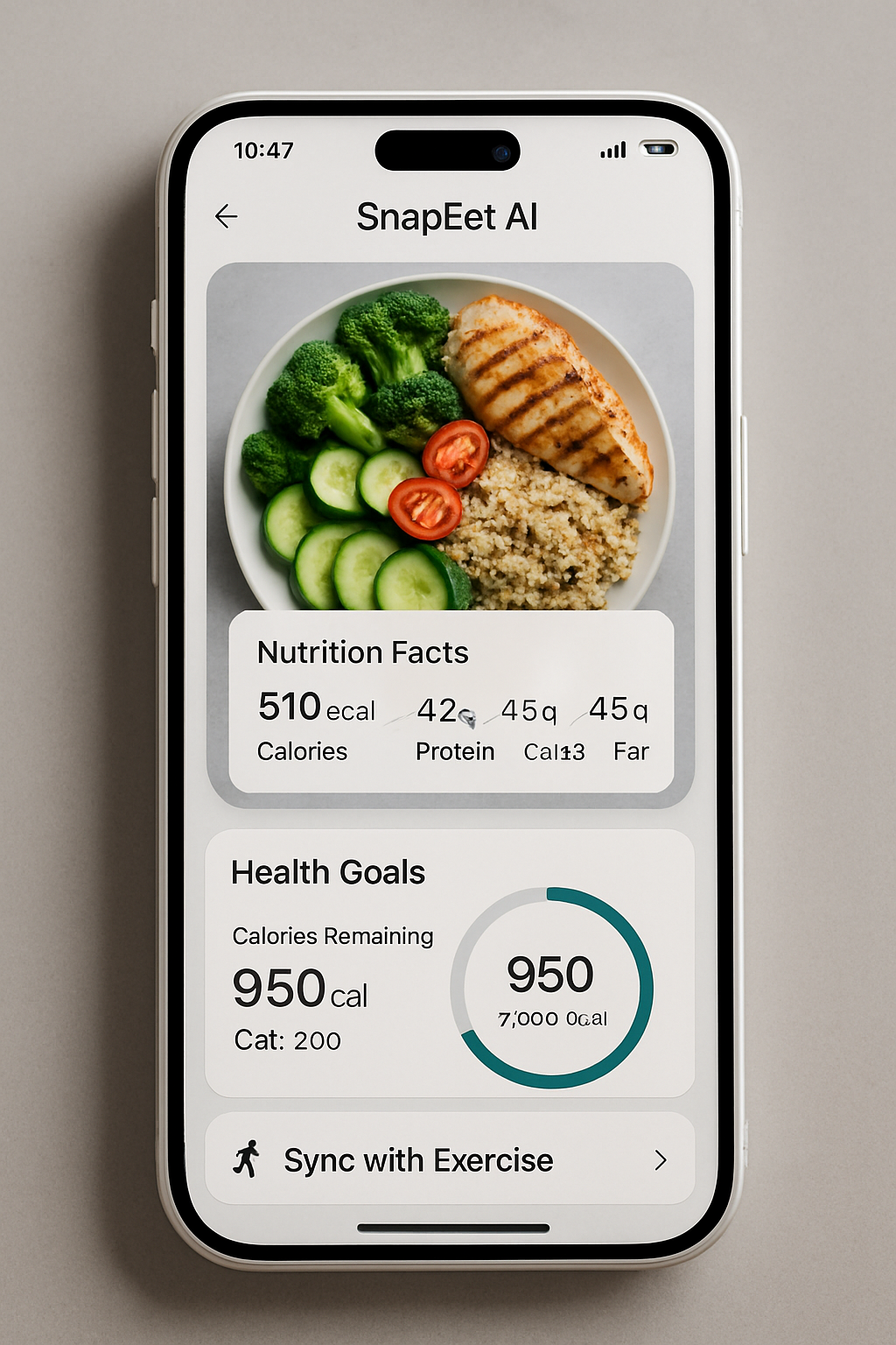 A smartphone displays the SnapEat AI nutrition coach app, analyzing a healthy meal of salmon and vegetables after taking a picture.