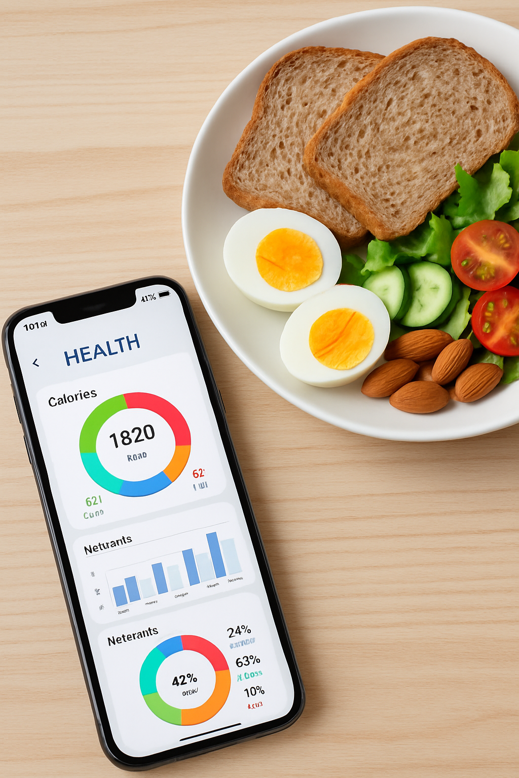 A smartphone displaying the SnapCalorie AI smart calorie counter app, showing a picture of a meal being analyzed for nutritional information.