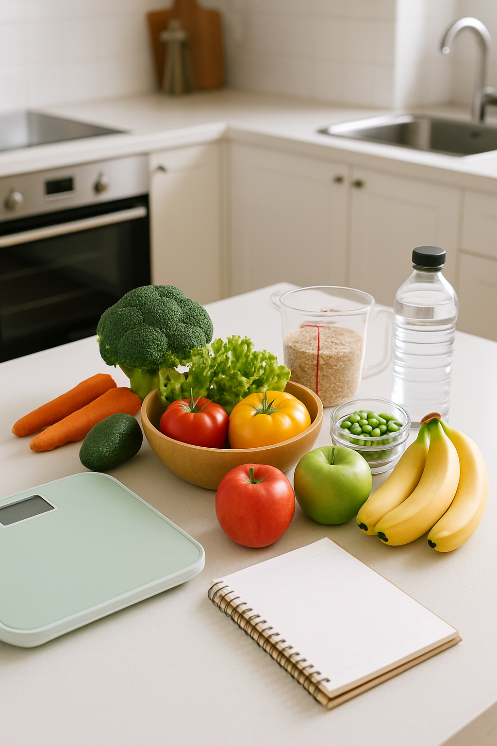 A healthy meal with fruits and vegetables next to a smartphone displaying the SnapEat AI app interface, symbolizing modern weight loss.