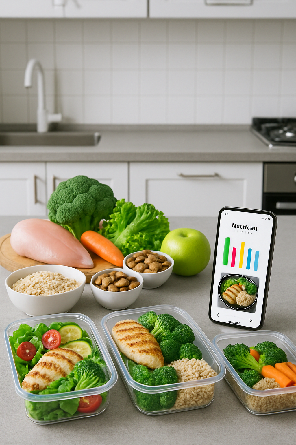 A smartphone showing the SnapEat AI food coach app next to a healthy meal-prepped container with chicken and vegetables.
