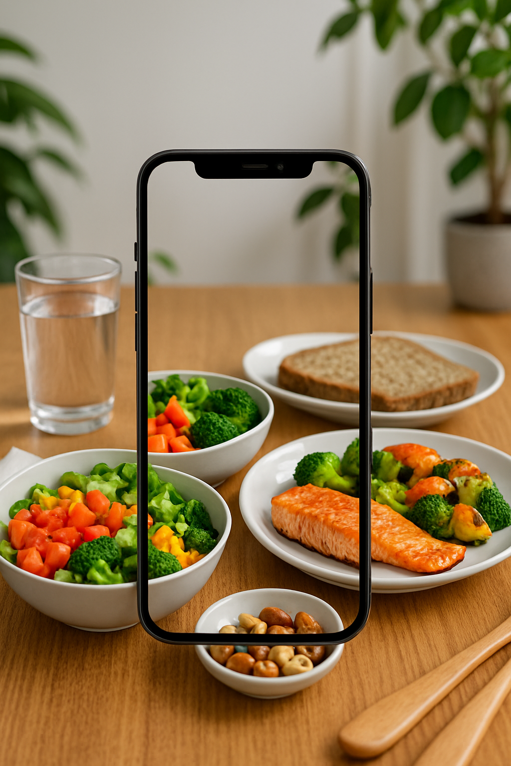 Smartphone showing the SnapEat AI meal tracker app analyzing a photo of a healthy meal with salmon and vegetables.