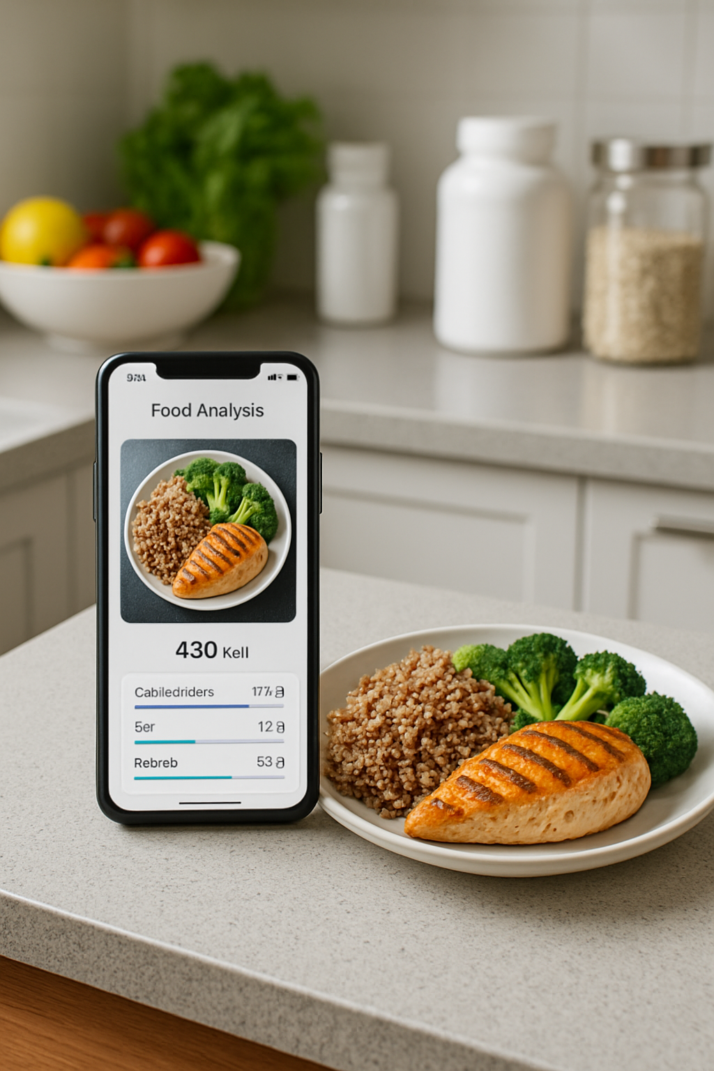 A plate of healthy food with a phone showing the SnapEat AI nutrition tracker app interface analyzing the meal.