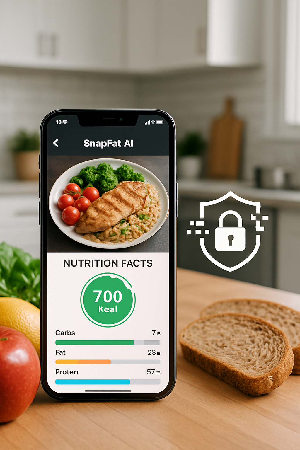 Illustration showing a smartphone with SnapEat AI securing user health data through encryption and on-device processing.