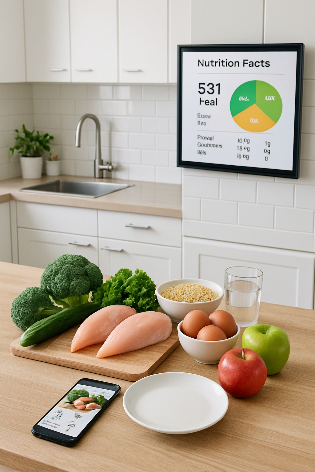 A smartphone showing the SnapEat AI nutrition app interface over a healthy meal, demonstrating easy photo food tracking.