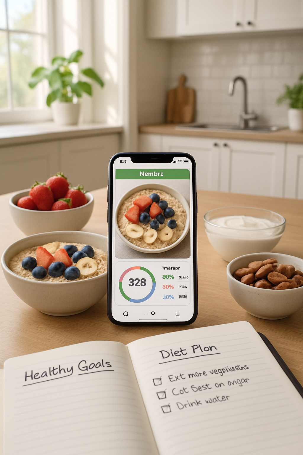 A smartphone displaying the SnapEat AI app interface with smart food tracking results next to a healthy meal