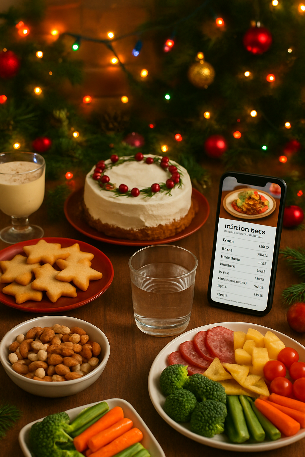Smartphone showing the SnapEat AI app analyzing a plate of holiday party food like cookies and appetizers.