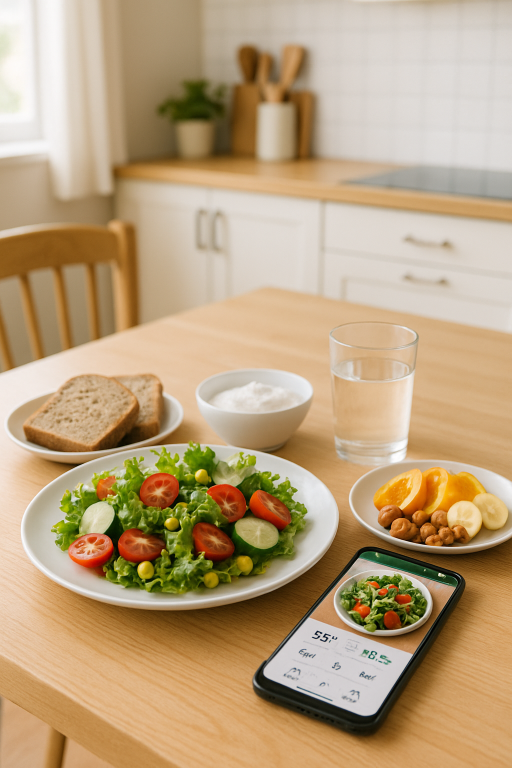 Smartphone displaying the SnapEat AI calorie tracker app after taking a photo of a healthy meal for the F15 Challenge.