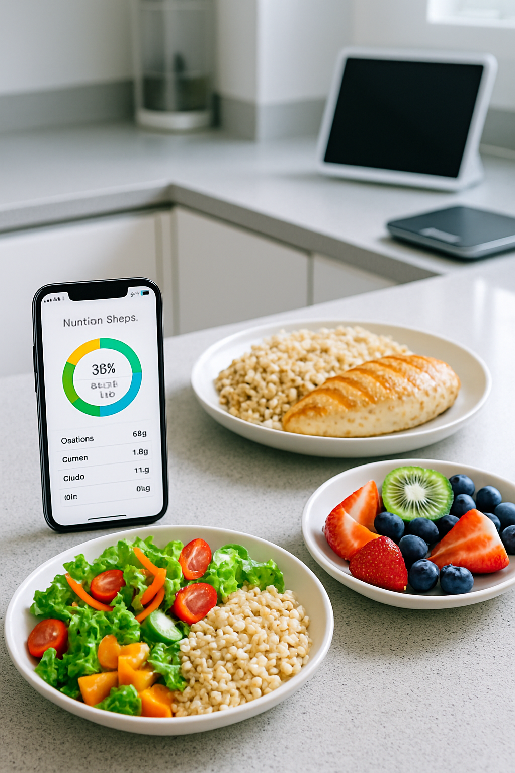 A smartphone showing the SnapEat AI food coach app interface, analyzing a healthy meal with fish and vegetables.