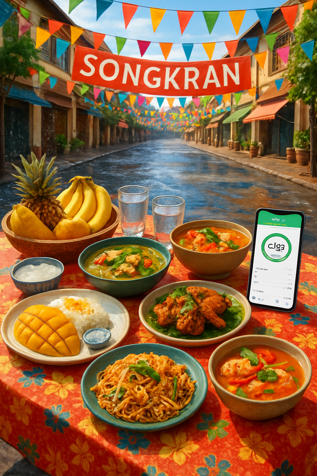 A person using the SnapEat AI food tracker on their phone to log a plate of Thai food during the Songkran 2026 festival.