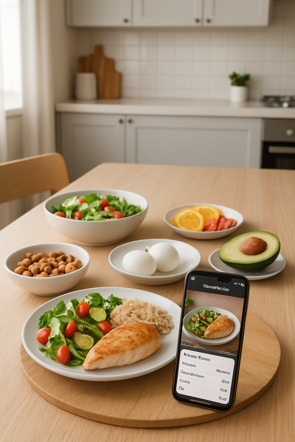 A smartphone showing the SnapEat AI app interface analyzing a bowl of salad and fruit, demonstrating its function as a smart nutrition coach.