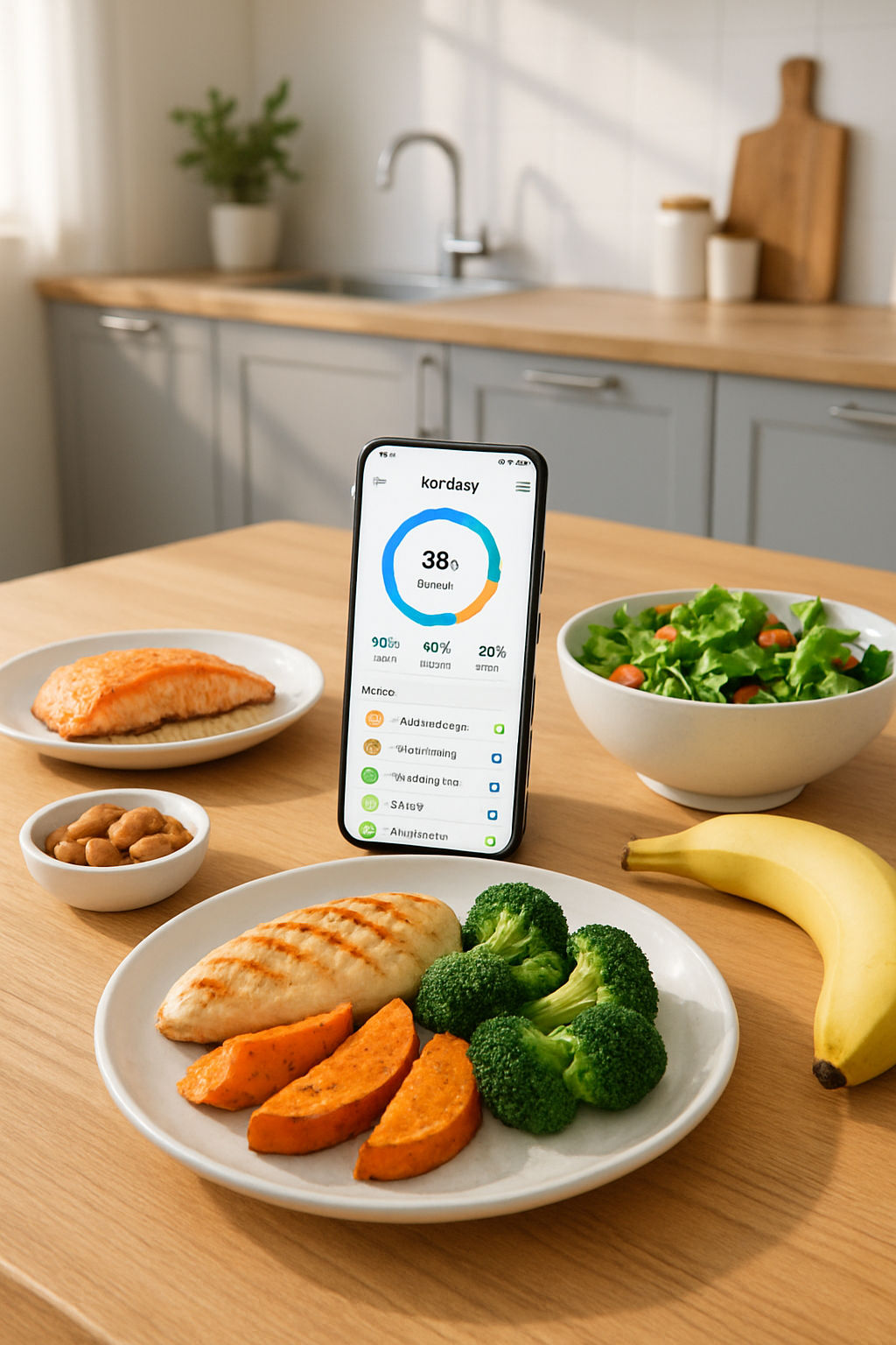 A smartphone displaying the SnapEat AI nutrition tracker app, analyzing a healthy meal of salmon, quinoa, and salad to fuel athletic performance.