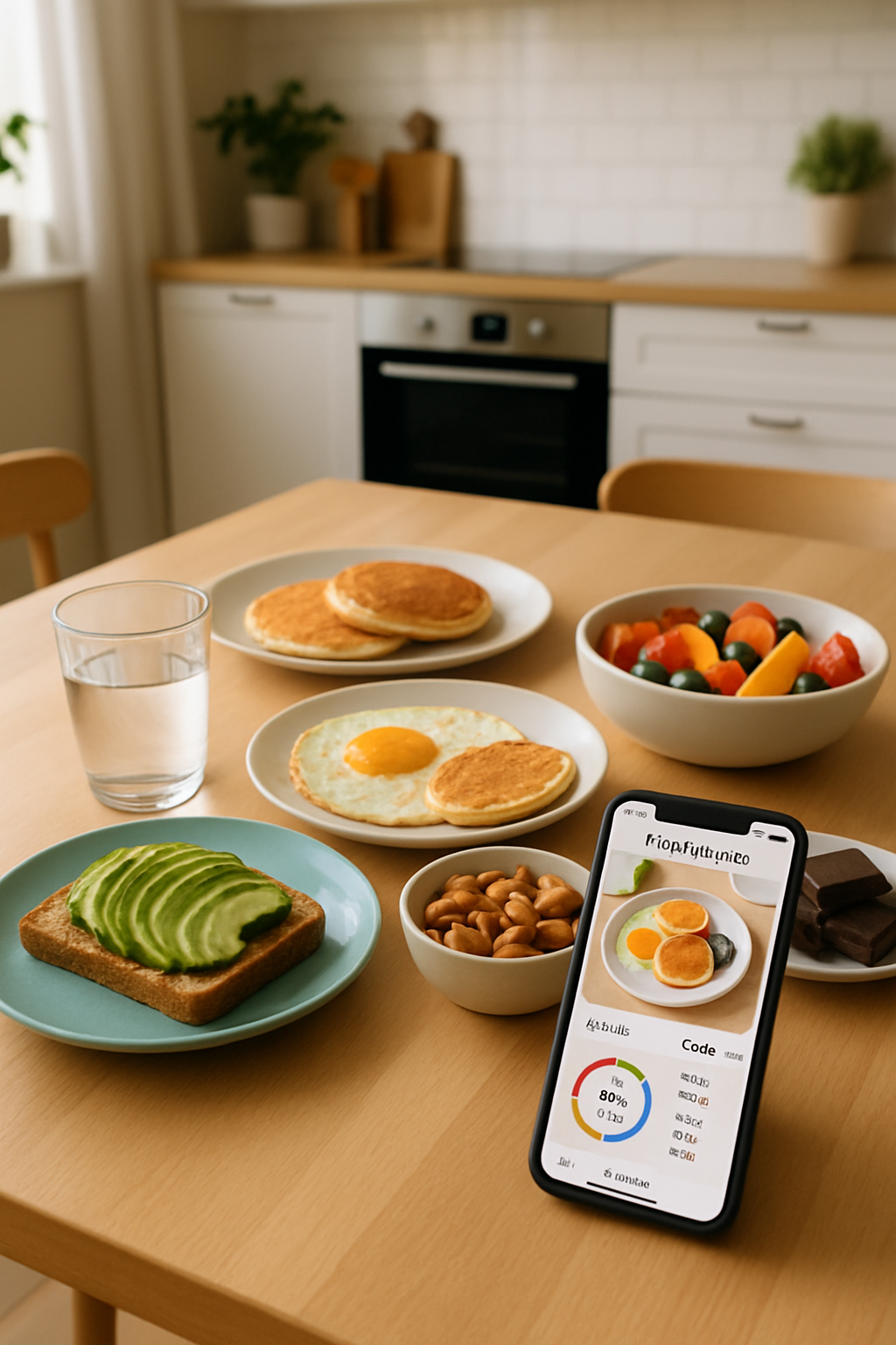 A healthy brunch meal of avocado toast and eggs with a phone showing the SnapEat AI calorie counter app interface