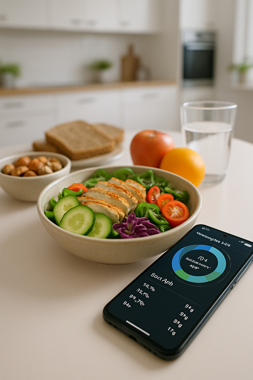 Smartphone showing the SnapEat AI app using its smart calorie counter to analyze a healthy meal from a photo.