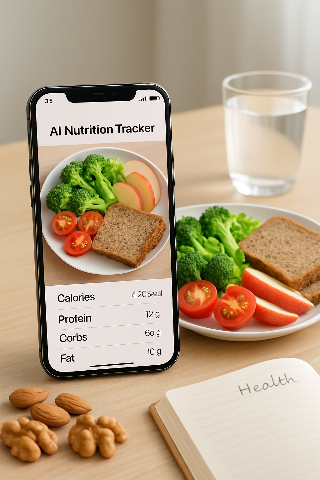 A smartphone showing the SnapEat AI meal tracking app with a plate of healthy food, illustrating how to support #prayforsumatra.