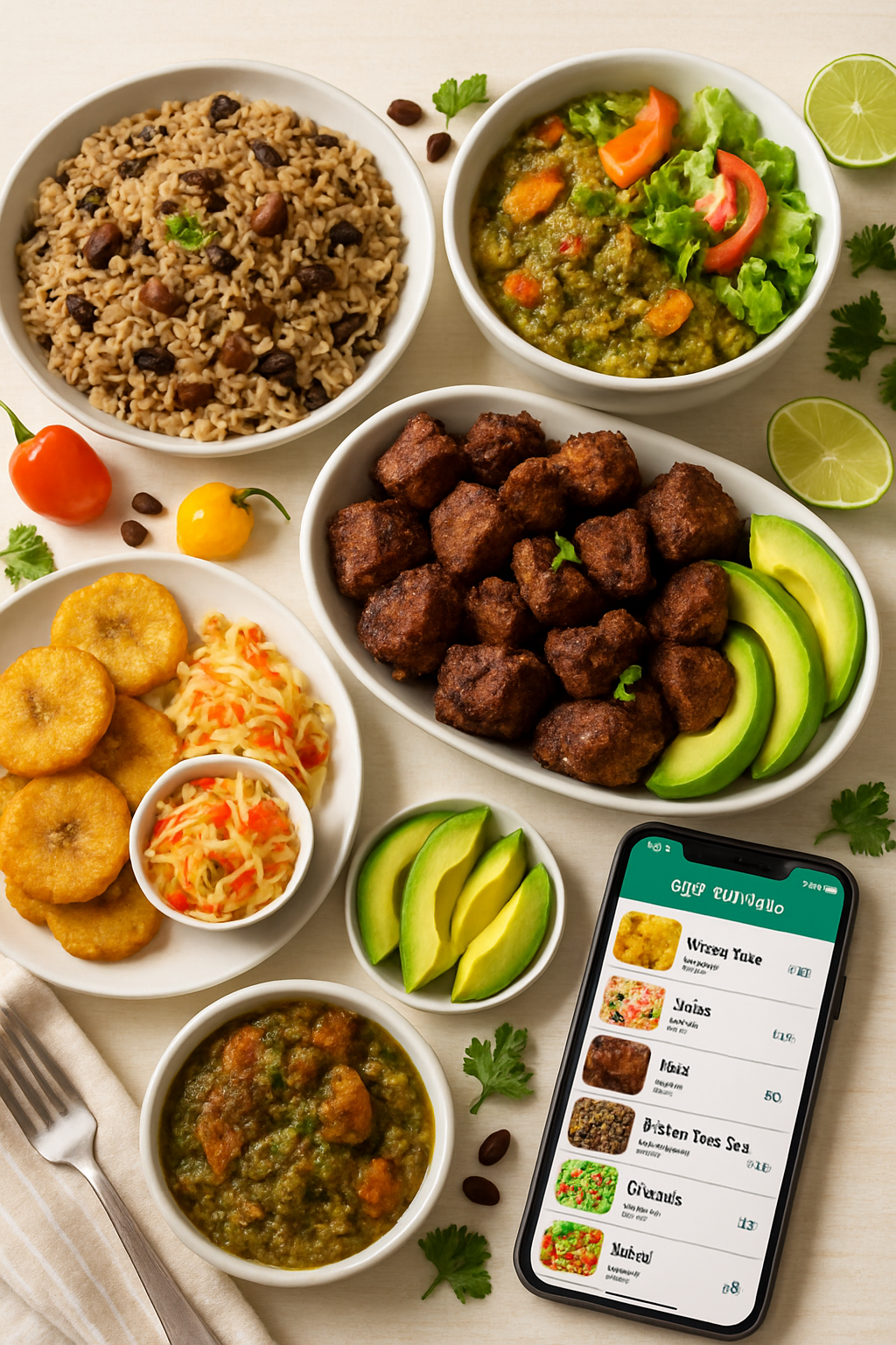 A plate of authentic Haitian food including griot, rice, and pikliz, being analyzed by a smart calorie counter app on a phone