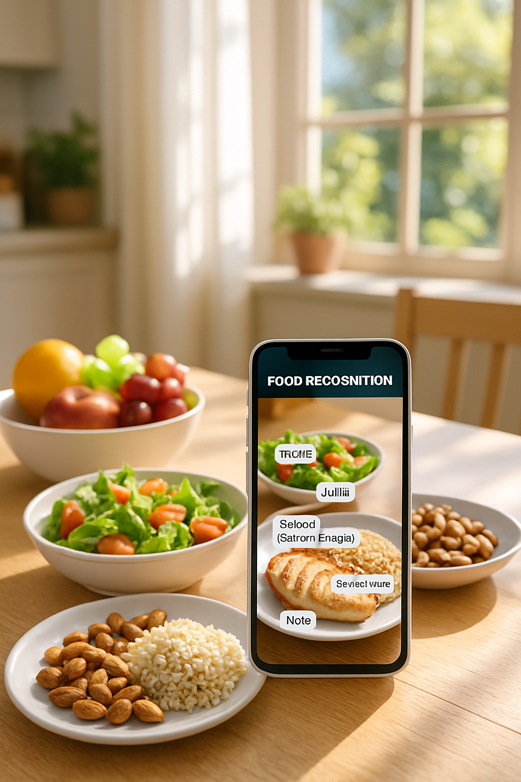 Woman snapping a photo of her healthy salad with a phone, using the SnapEat AI food tracker app for her summer goals.