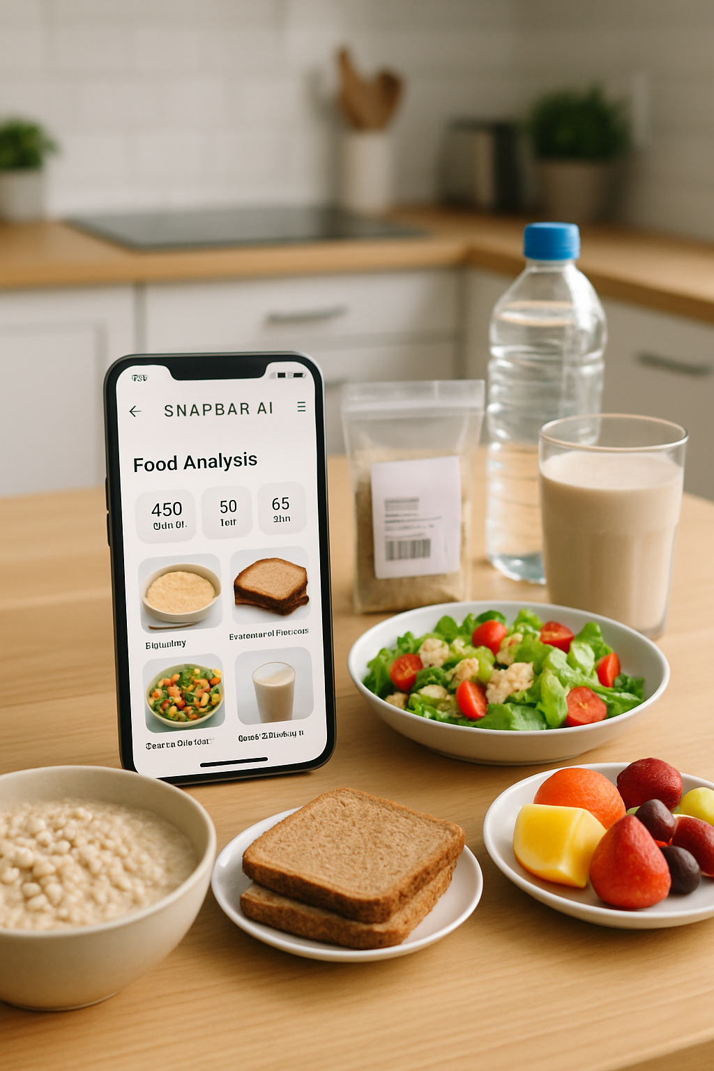 Smartphone displaying the SnapEat AI nutrition tracker app analyzing a healthy meal with vegetables and chicken.