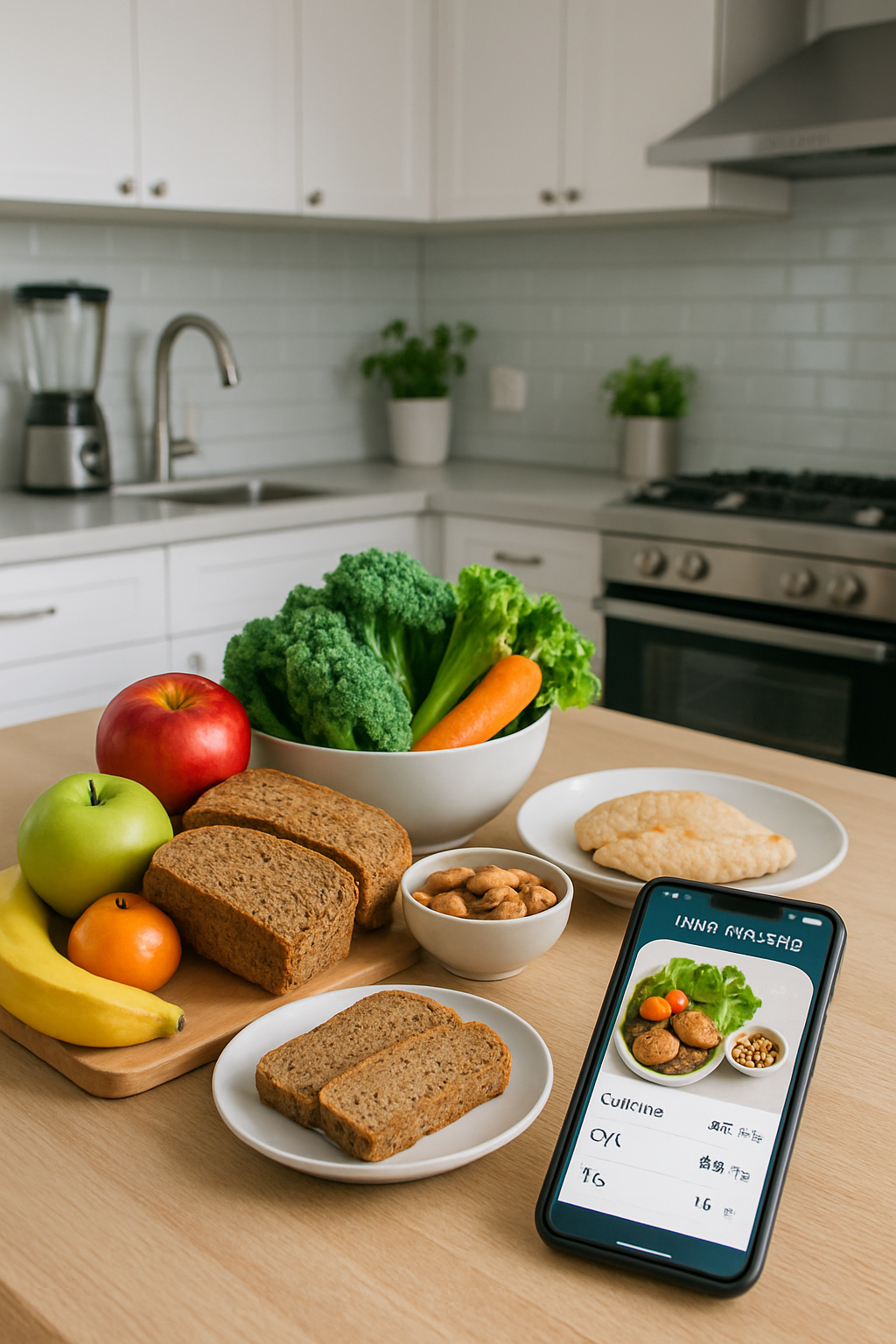Smartphone showing the SnapEat AI food tracker app analyzing a photo of a healthy meal.