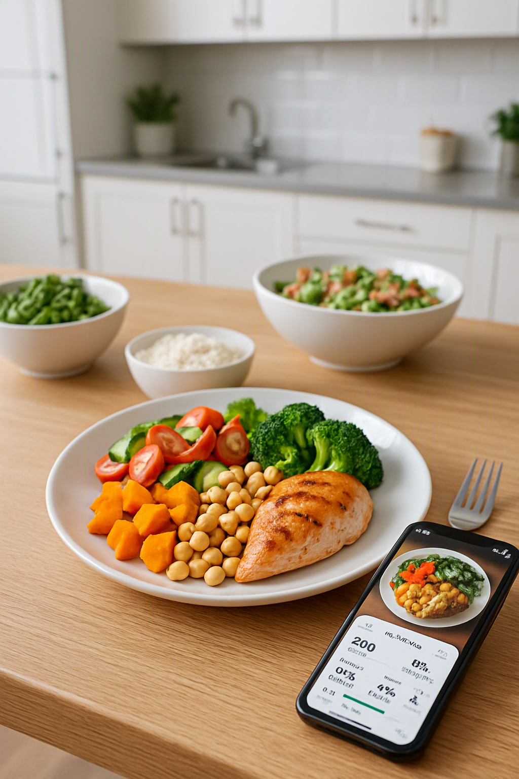 Smartphone displaying the DietSnap AI app interface, showing an analysis of a healthy meal after taking a photo.