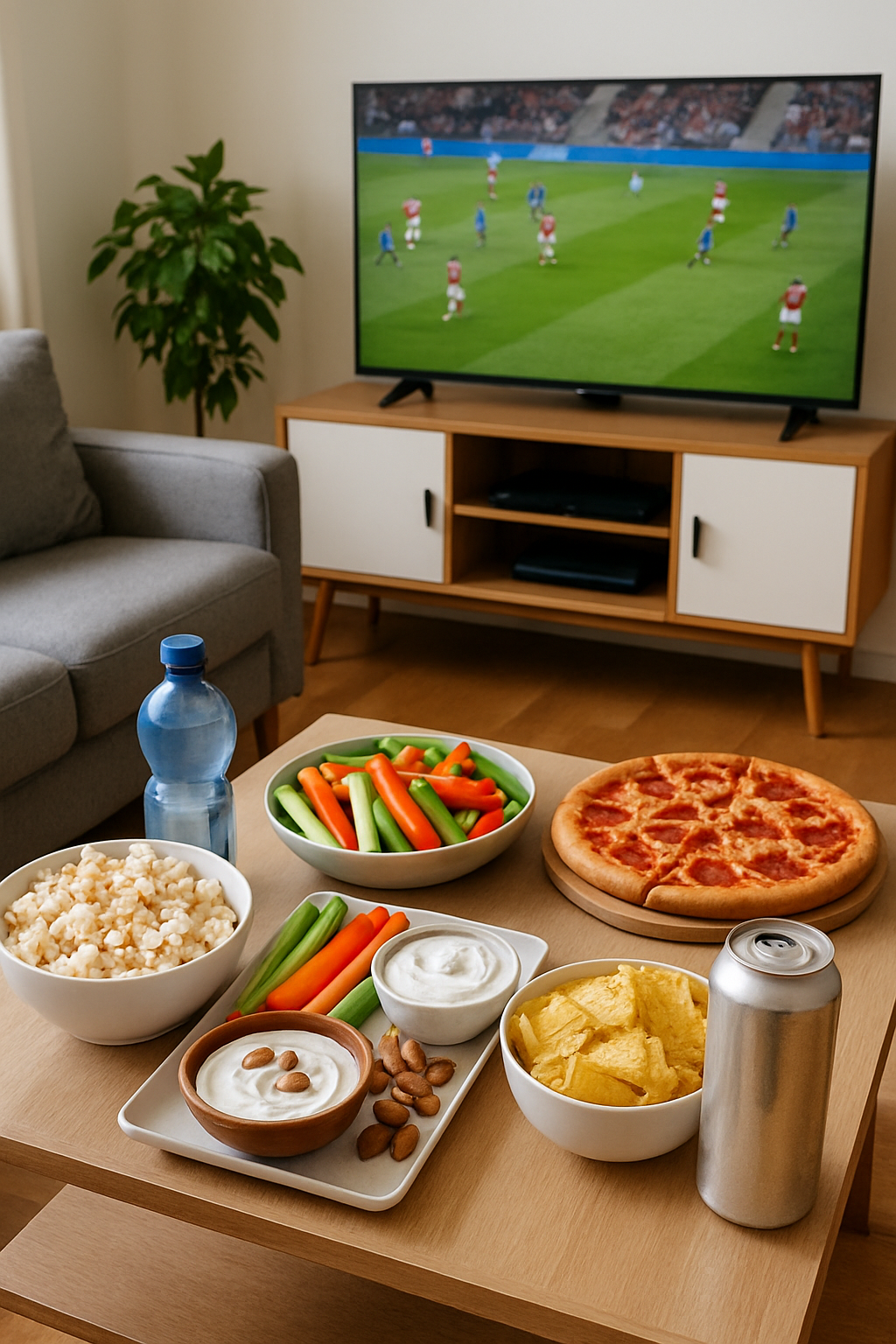 A person using the SnapEat AI food tracker app on their phone to scan a healthy meal while watching a World Cup game on TV.