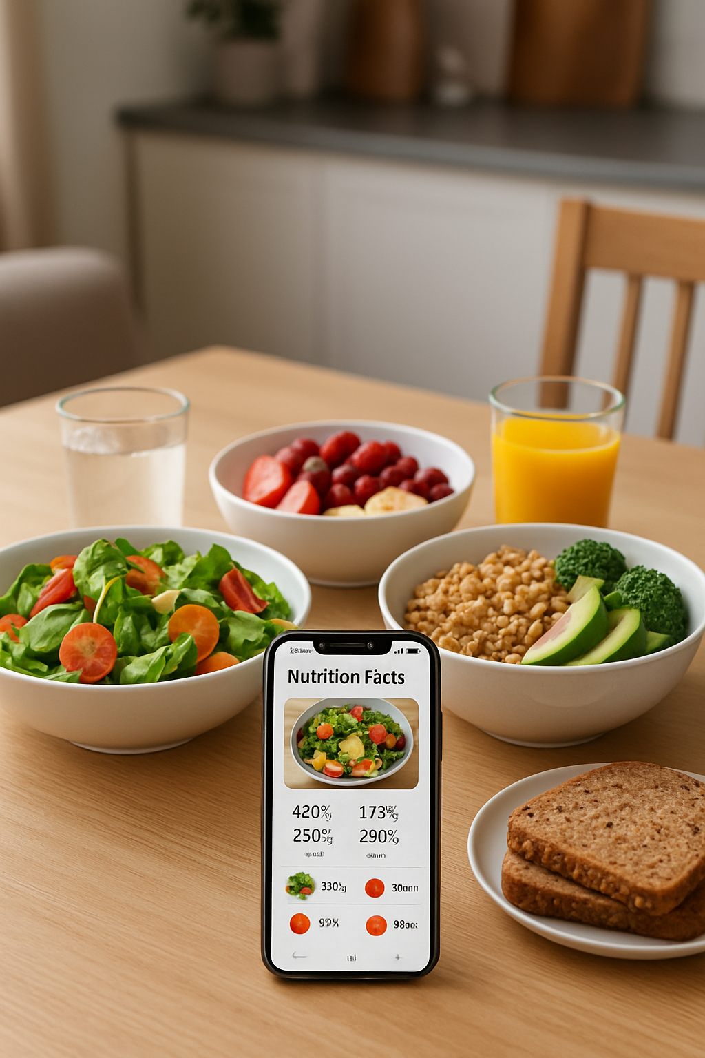 A smartphone showing the SnapEat AI smart food tracker app interface with photo recognition results for a meal.