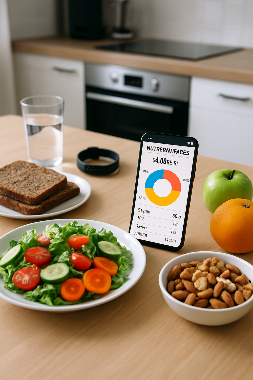 A smartphone showing the SnapEat AI app interface, which uses food recognition to analyze a meal of salmon and vegetables.
