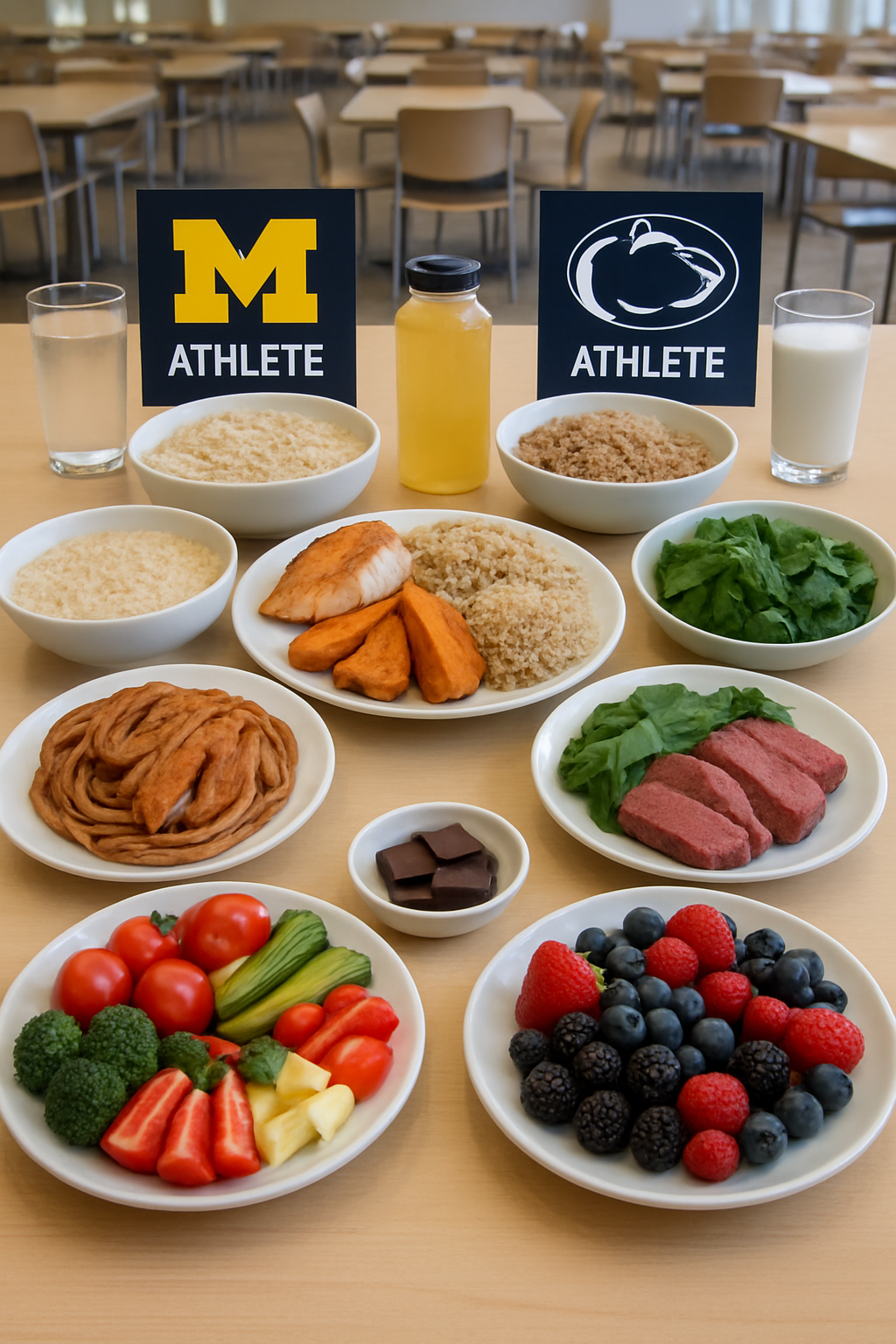 A split image showing Michigan and Penn State logos over plates of food, illustrating the athlete nutrition face-off.