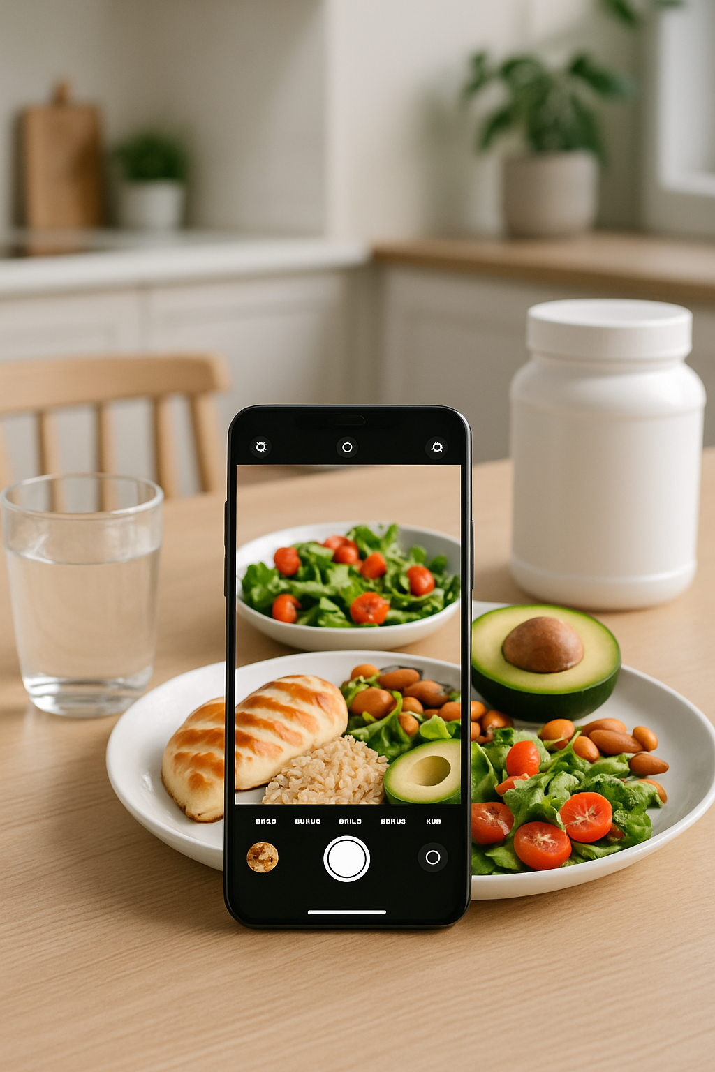 Smartphone showing the SnapEat AI meal tracking app interface next to a healthy meal of chicken and vegetables.