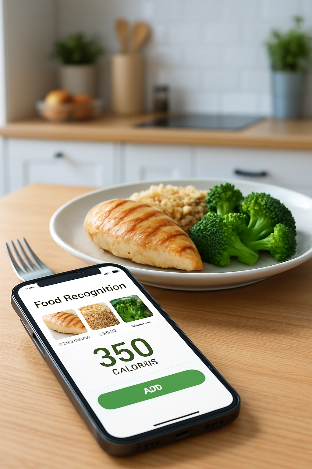 A smartphone displaying the SnapEat AI app interface which shows a detailed nutritional breakdown of a healthy meal.