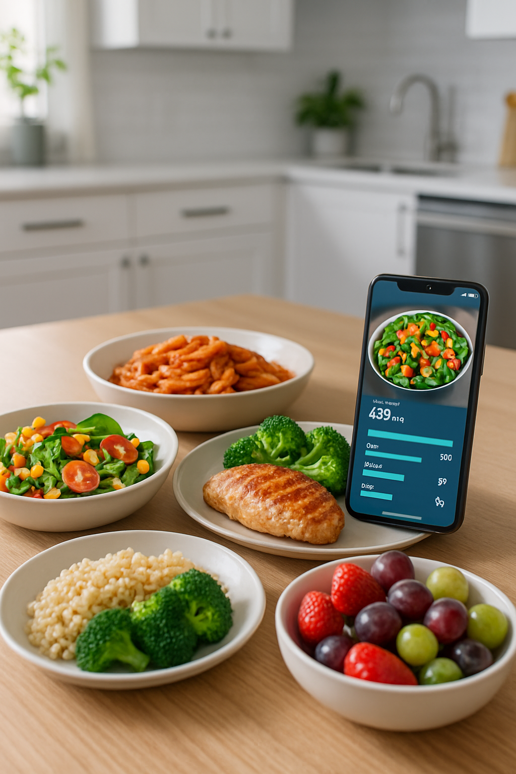 A smartphone screen showing the TrackPlate AI food tracking app analyzing a photo of a healthy salmon and vegetable meal.