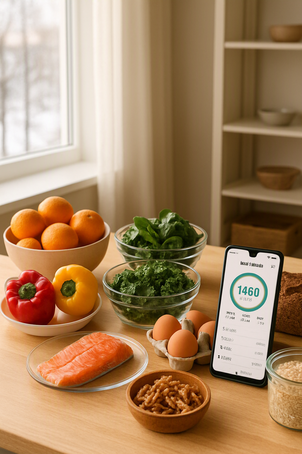 A smartphone displaying the SnapEat AI nutrition tracker app with a healthy, colorful bowl of winter vegetables and salmon in the background, symbolizing health during the El Niño season.
