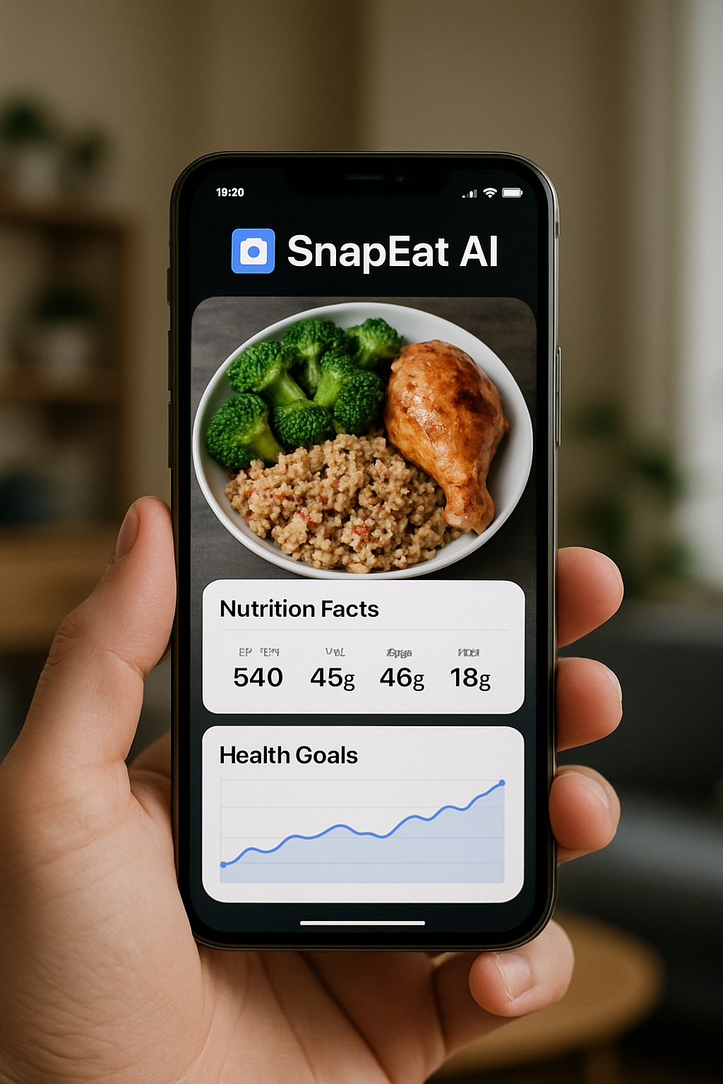 Smartphone showing the SnapEat AI app interface after using AI food recognition on a meal of chicken and vegetables.
