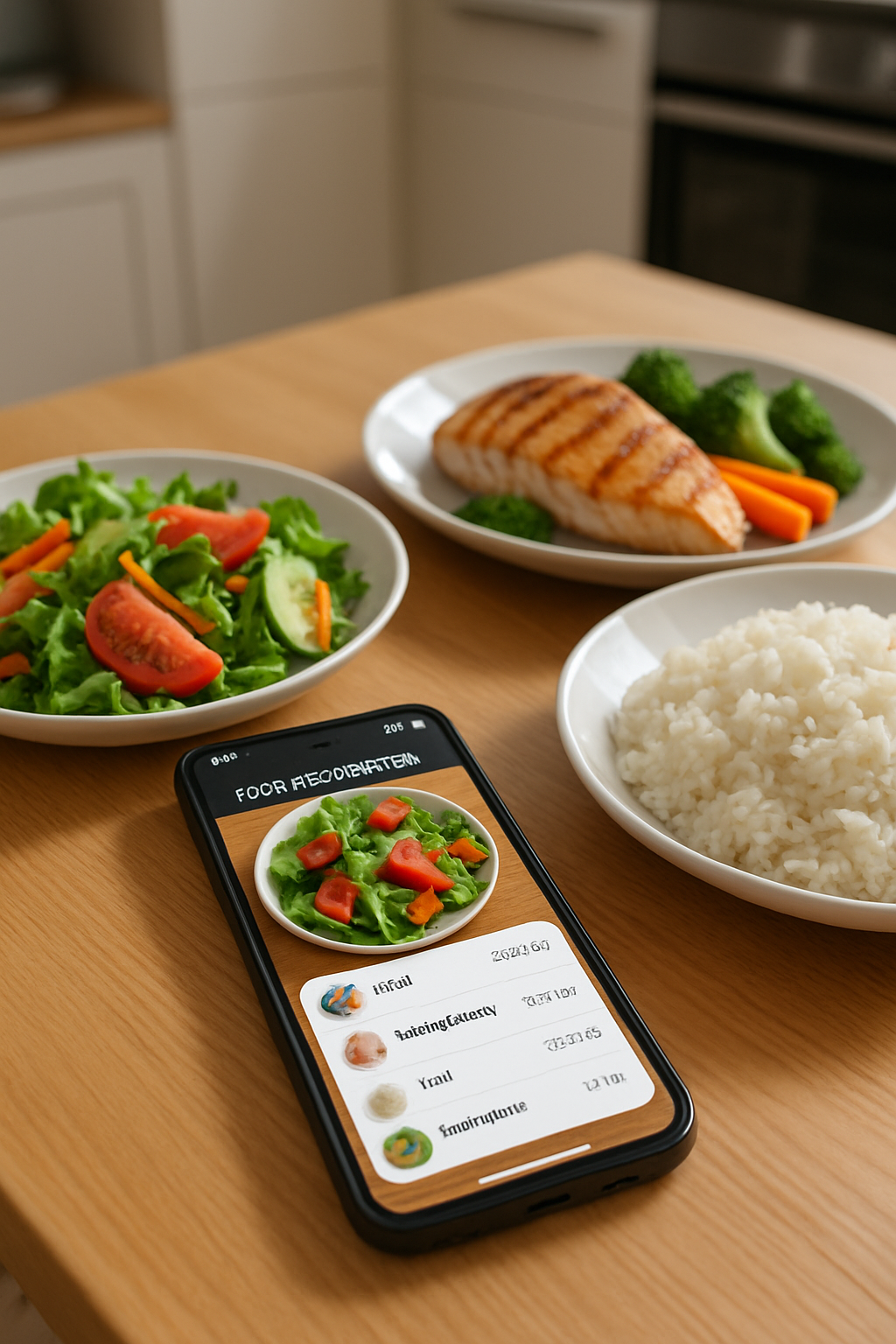 A smartphone running the SnapEat AI app, using food recognition to display calorie and macro data for a nutritious meal.
