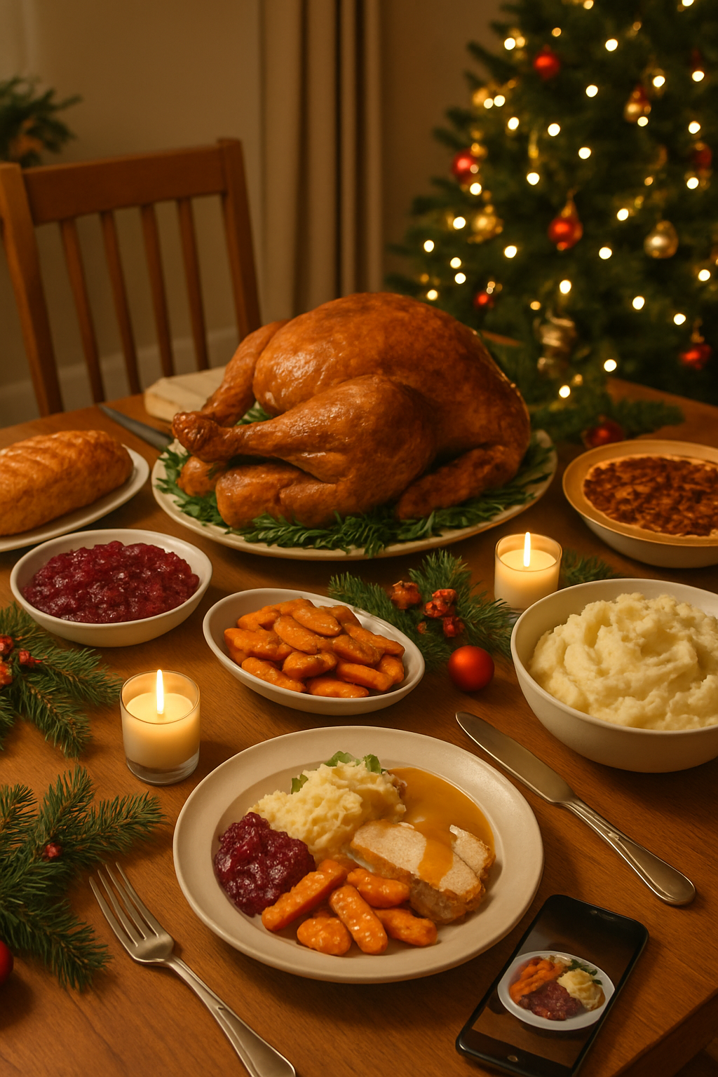 A smartphone screen showing the SnapEat AI food tracker app analyzing a festive Christmas dinner plate.