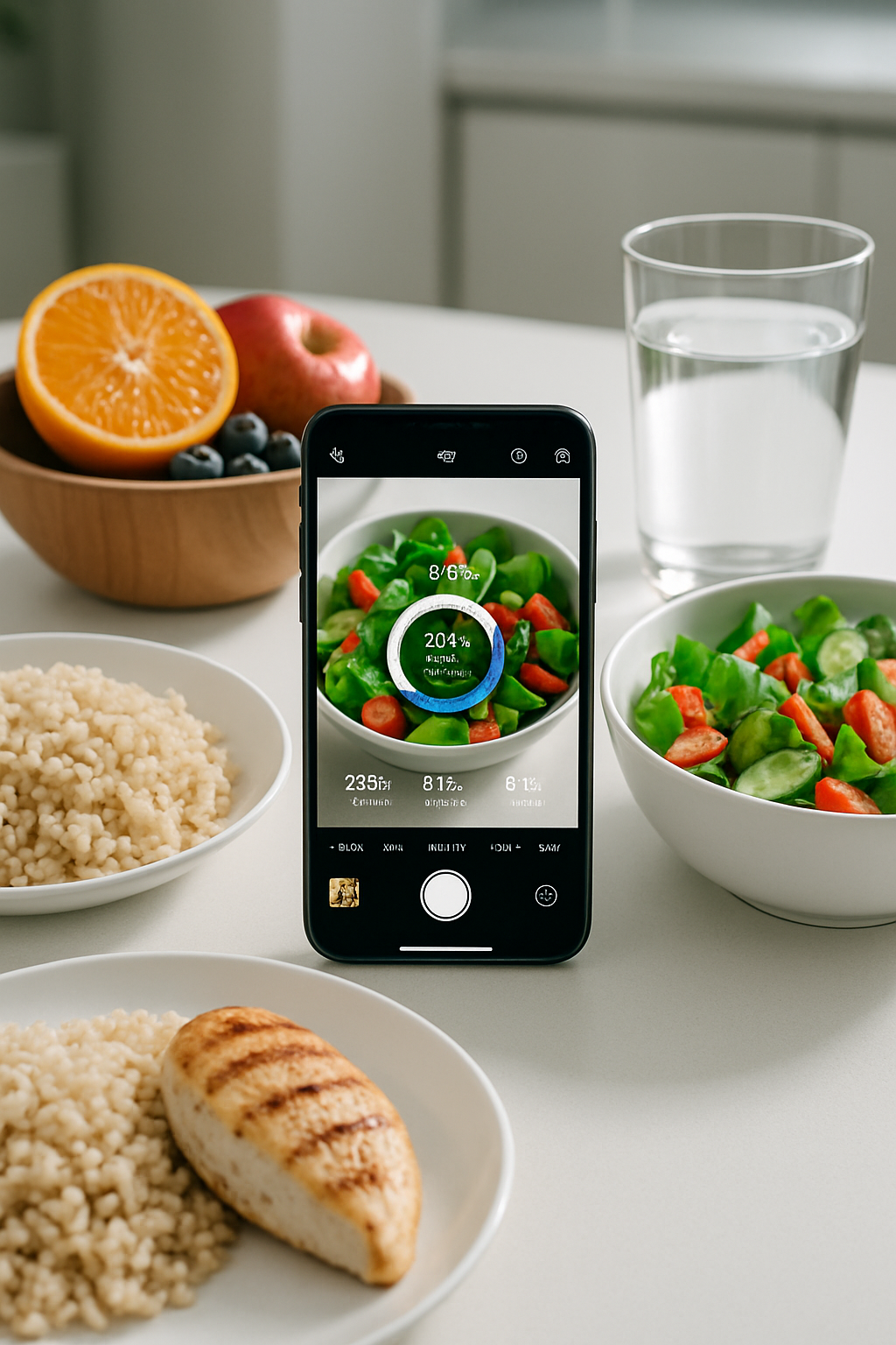 Smartphone showing the SnapEat AI meal tracker app analyzing a photo of a healthy meal of salmon and vegetables.